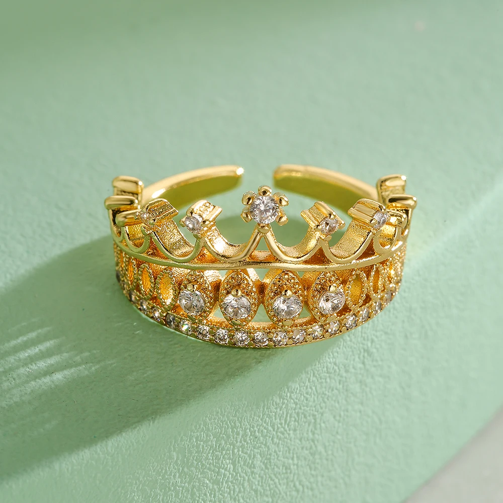 NEWBUY 2025 Trendy Gold Color Crown Charm Finger Rings Open Design Adjustable Shiny CZ Zircon Wedding Jewelry Female