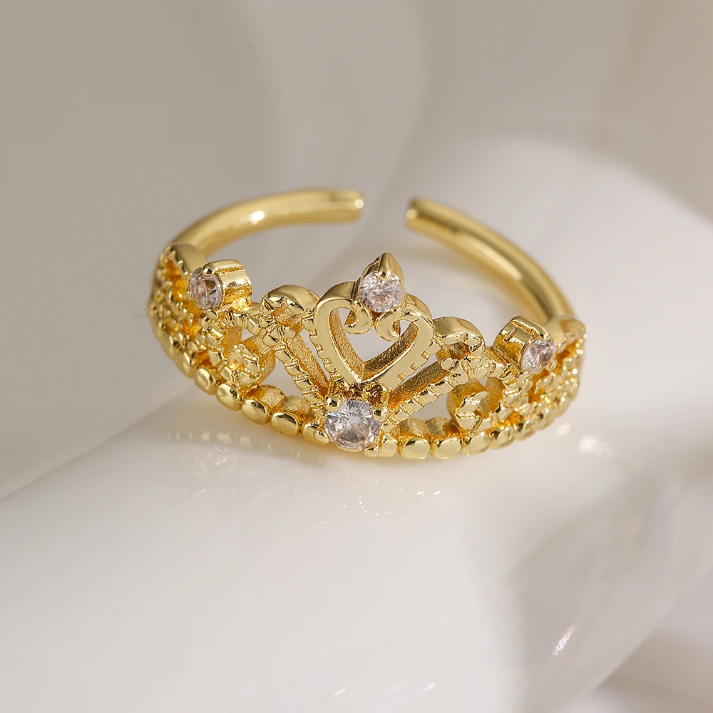 NEWBUY 2025 Trendy Gold Color Crown Charm Finger Rings Open Design Adjustable Shiny CZ Zircon Wedding Jewelry Female