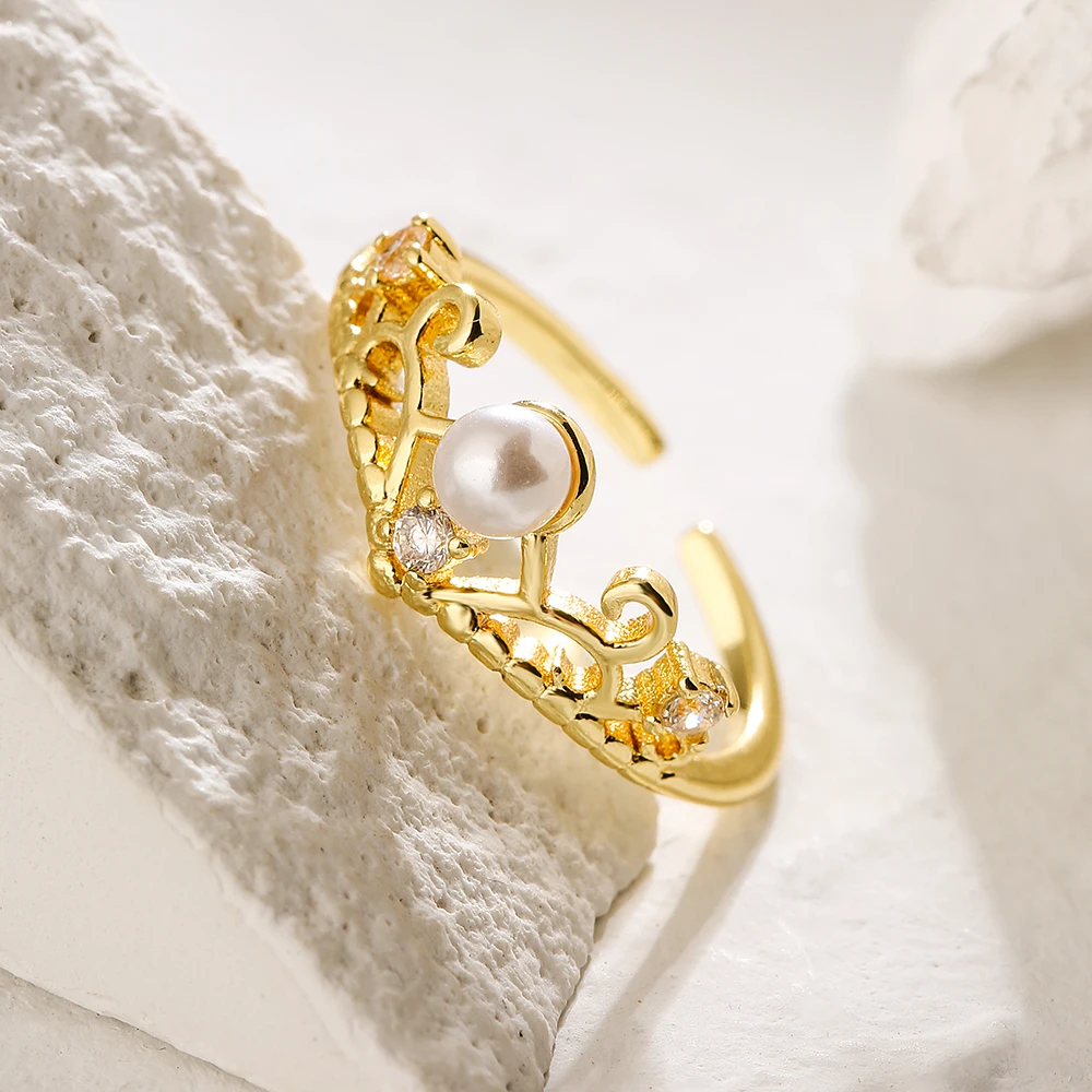 NEWBUY 2025 Trendy Gold Color Crown Charm Finger Rings Open Design Adjustable Shiny CZ Zircon Wedding Jewelry Female