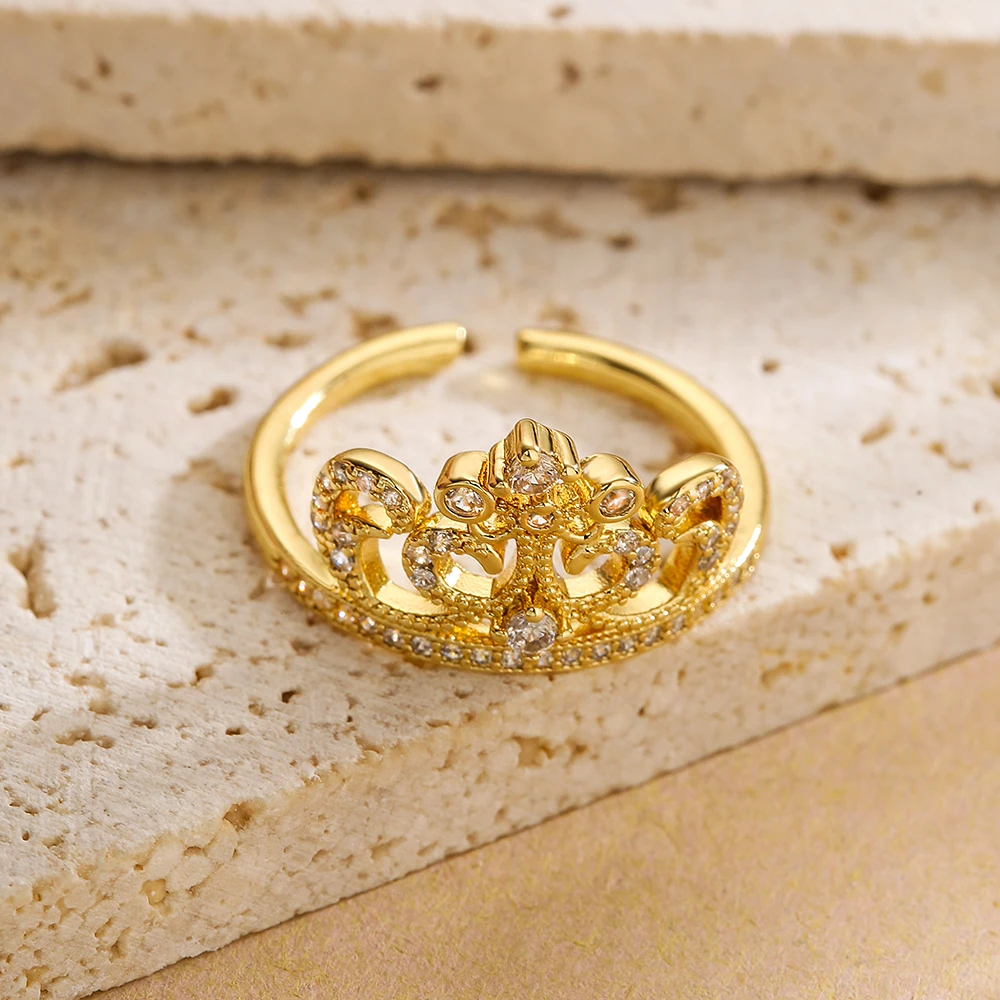 NEWBUY 2025 Trendy Gold Color Crown Charm Finger Rings Open Design Adjustable Shiny CZ Zircon Wedding Jewelry Female