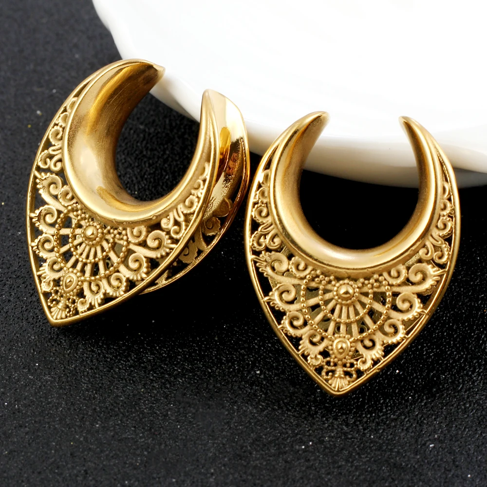 Twolobes 2PCS Vintage 316 Stainless Steel New Saddle Tunnels Hangers Gauges Plugs Piercing Body Jewelry Gift (8-25mm)