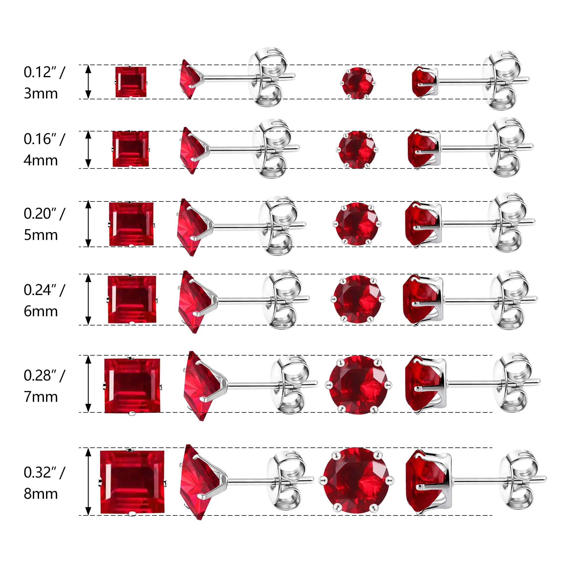 Stainless Steel Stud Earrings For Women Men Hypoallergenic Red Sets Multipack Cubic Zirconia Earrings Studs 3-8mm