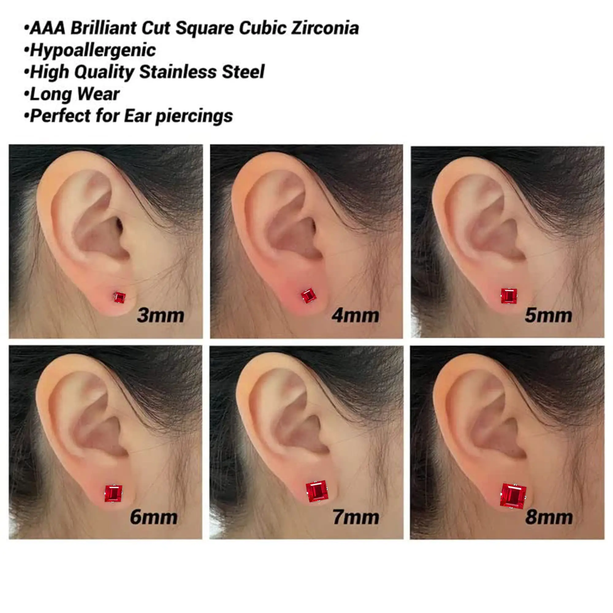 Stainless Steel Stud Earrings For Women Men Hypoallergenic Red Sets Multipack Cubic Zirconia Earrings Studs 3-8mm