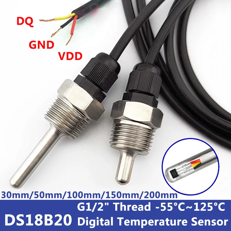 DS18B20 Digital Temperature Sensor G1/2" Thread Probe DIA=8mm PVC 3-core Wire SUS304 Stainless Steel Shell L30-200mm