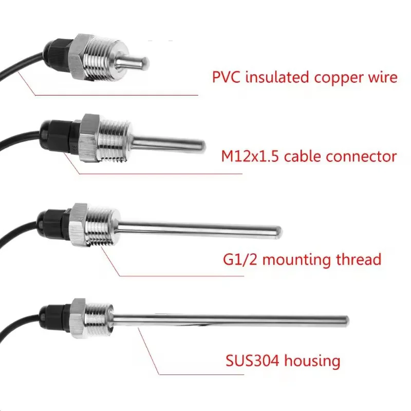 DS18B20 Digital Temperature Sensor G1/2" Thread Probe DIA=8mm PVC 3-core Wire SUS304 Stainless Steel Shell L30-200mm
