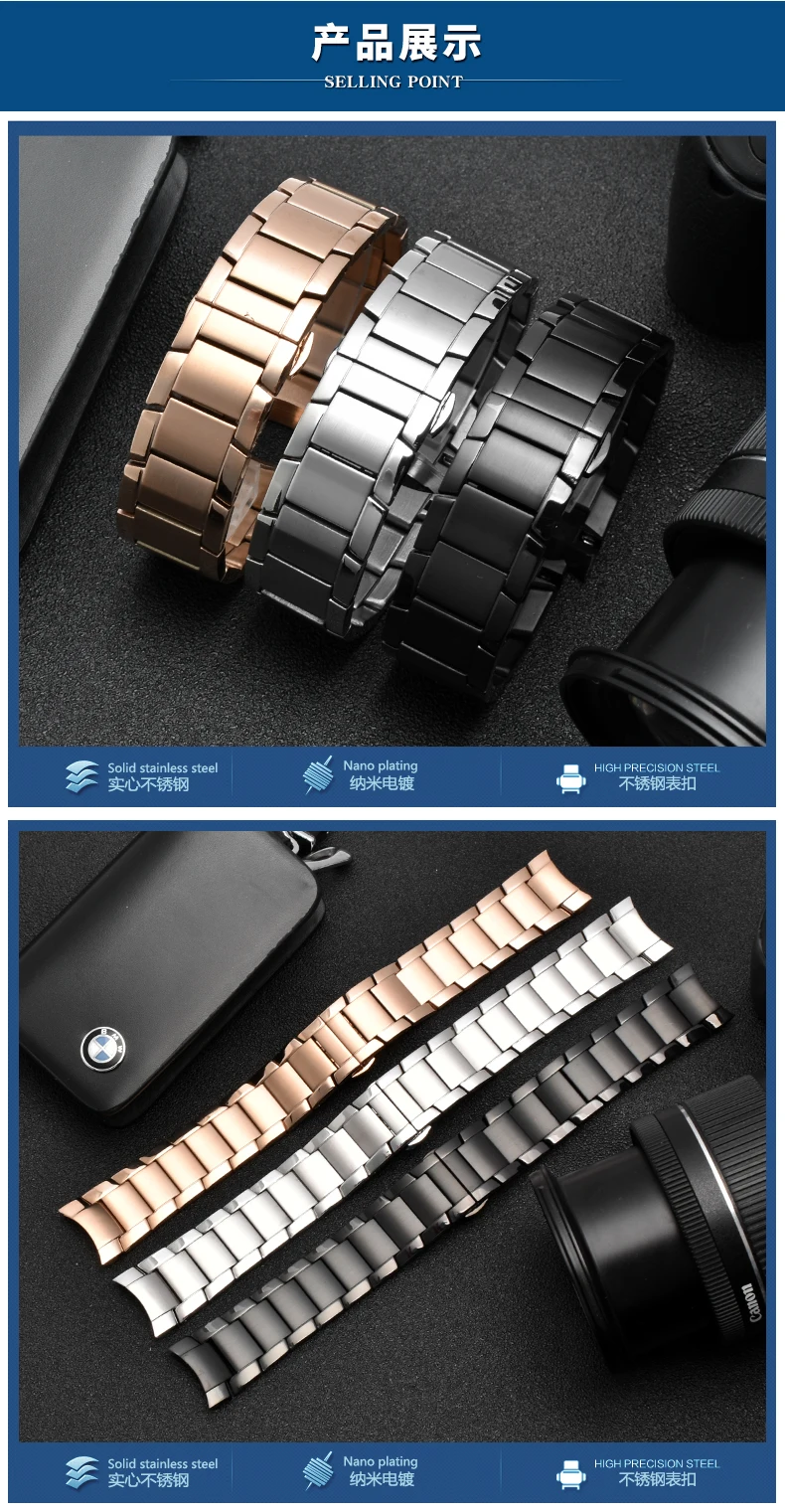 22mm Stainless Steel Watchband for Armani AR2447 AR2448 AR2434 AR2432 AR2433 Watch Strap Bracelet Butterfly Buckle Black Silver