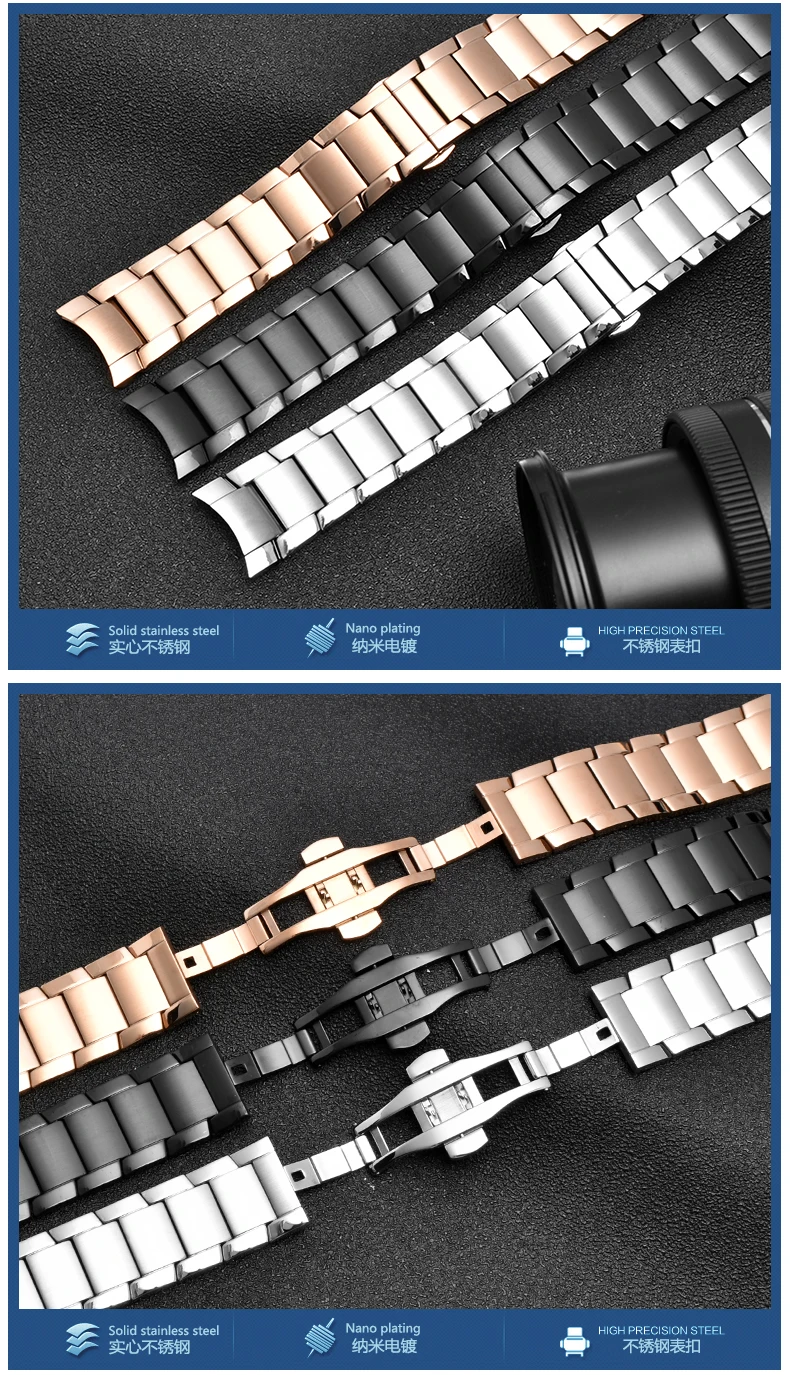 22mm Stainless Steel Watchband for Armani AR2447 AR2448 AR2434 AR2432 AR2433 Watch Strap Bracelet Butterfly Buckle Black Silver