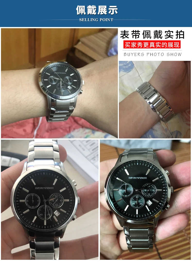 22mm Stainless Steel Watchband for Armani AR2447 AR2448 AR2434 AR2432 AR2433 Watch Strap Bracelet Butterfly Buckle Black Silver