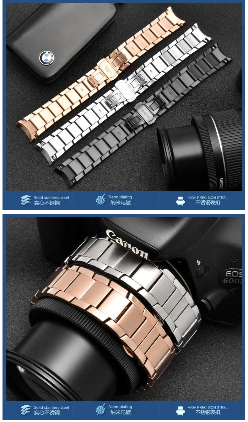 22mm Stainless Steel Watchband for Armani AR2447 AR2448 AR2434 AR2432 AR2433 Watch Strap Bracelet Butterfly Buckle Black Silver