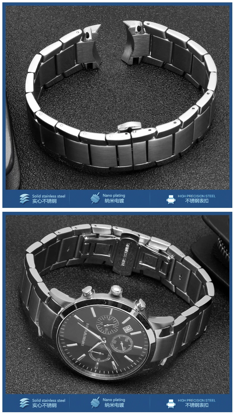22mm Stainless Steel Watchband for Armani AR2447 AR2448 AR2434 AR2432 AR2433 Watch Strap Bracelet Butterfly Buckle Black Silver