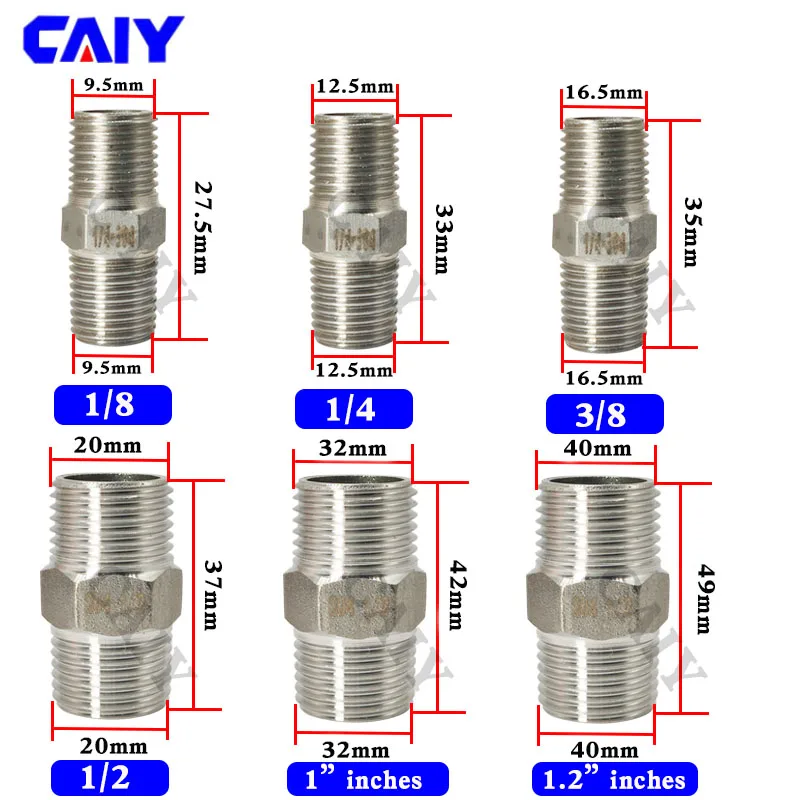 1/8" 1/4" 3/8" 1/2" 3/4" BSP Thread 304 Stainless Hex Steel Pipe Fitting Head Male Fittings Water oil Air Connector
