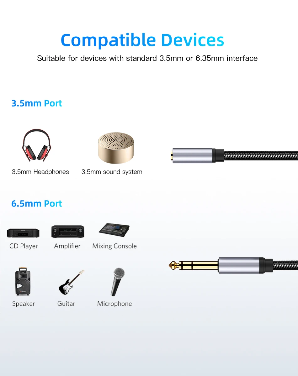 Gold Plated 1/4 To 1/8 Inch TRS 3.5mm Jack Female To 6.35mm Male Aux Stereo Audio Adapter Cable for Headphones Amplifier Guitar