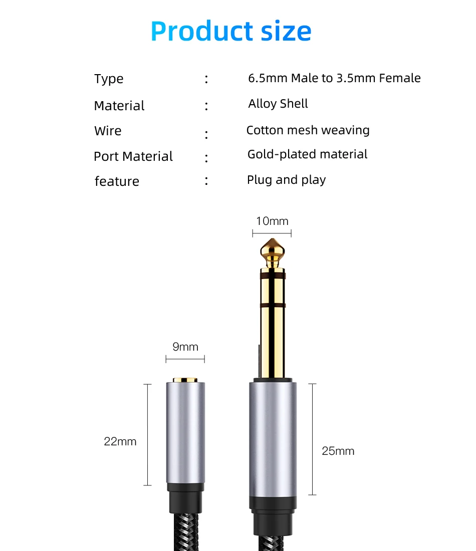 Gold Plated 1/4 To 1/8 Inch TRS 3.5mm Jack Female To 6.35mm Male Aux Stereo Audio Adapter Cable for Headphones Amplifier Guitar