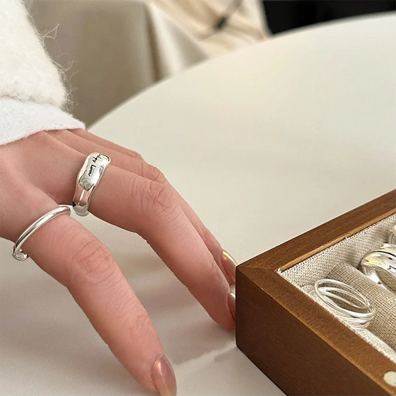 925 Sterling Silver Simple Retro Letters Rings For Women Geometric Fashion Smiple Open Handmade Allergy Party Jewelry Gift