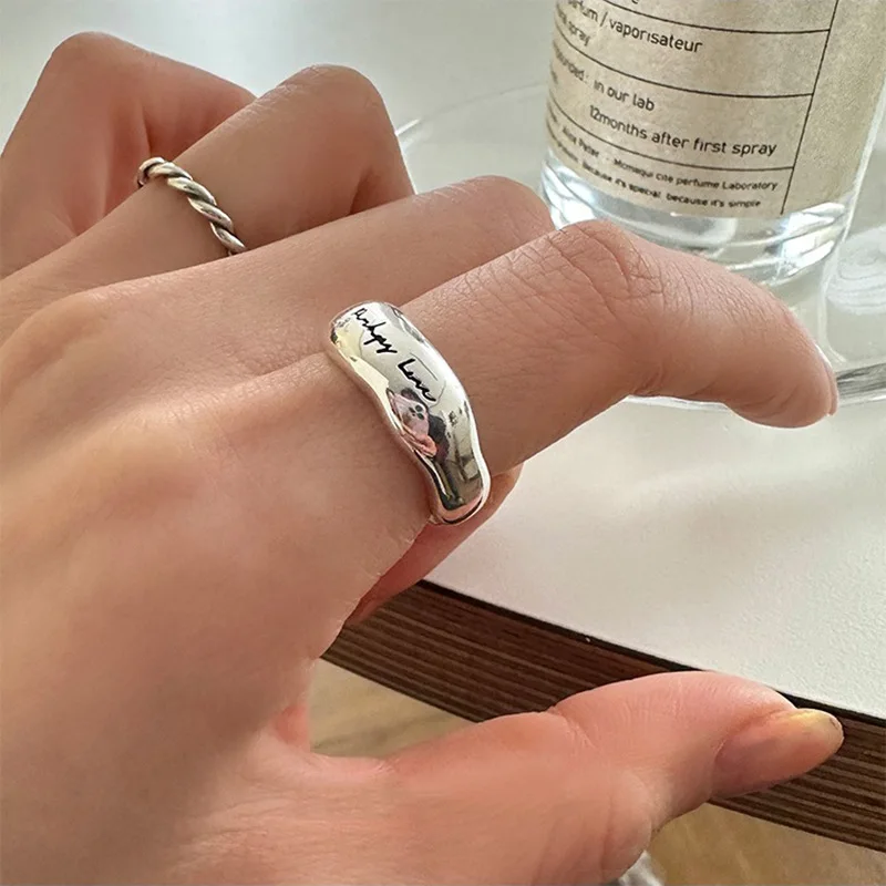 925 Sterling Silver Simple Retro Letters Rings For Women Geometric Fashion Smiple Open Handmade Allergy Party Jewelry Gift