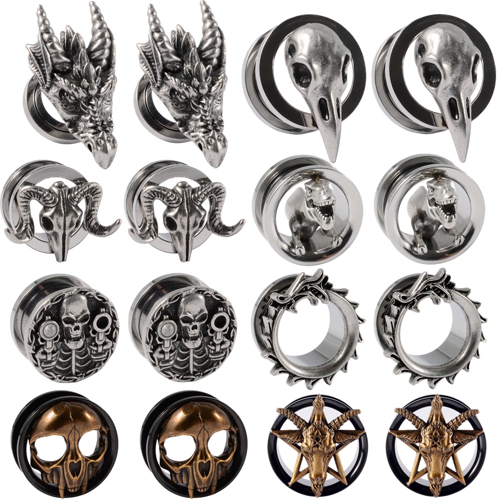 1PC Punk Stainless Steel Skeleton Ear Stretchers Tunnel External Thread Vintage Ear Gauge Plugs Expander Body Piercing Jewelry