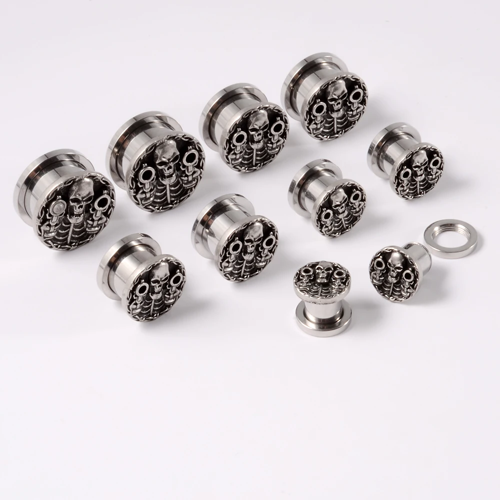 1PC Punk Stainless Steel Skeleton Ear Stretchers Tunnel External Thread Vintage Ear Gauge Plugs Expander Body Piercing Jewelry