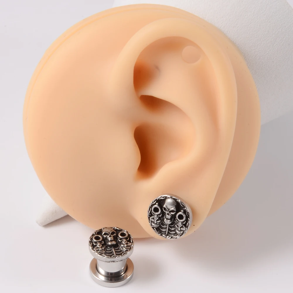 1PC Punk Stainless Steel Skeleton Ear Stretchers Tunnel External Thread Vintage Ear Gauge Plugs Expander Body Piercing Jewelry