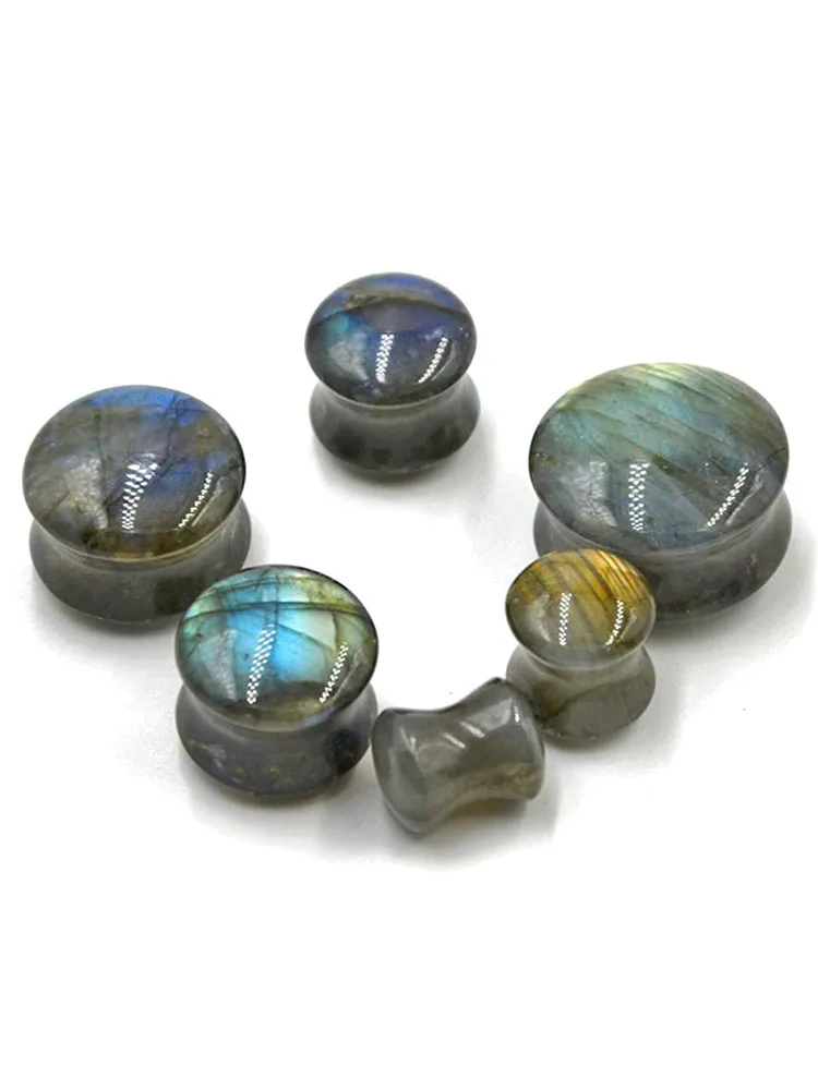 WKOUD 1PC Labradorite Stone Ear Flesh Tunnel Plugs Double Flared Plug Glow Stone Ear Gauges Expander