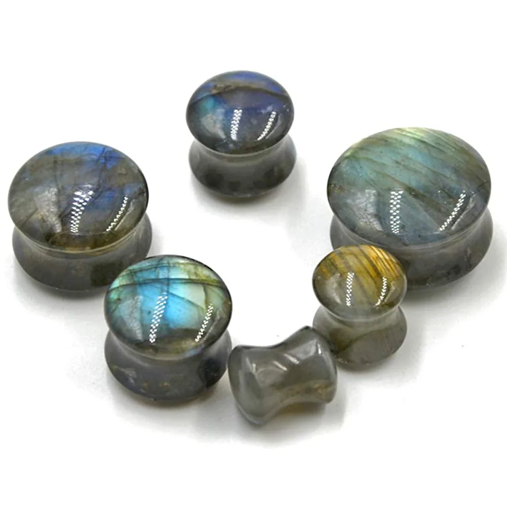 WKOUD 1PC Labradorite Stone Ear Flesh Tunnel Plugs Double Flared Plug Glow Stone Ear Gauges Expander