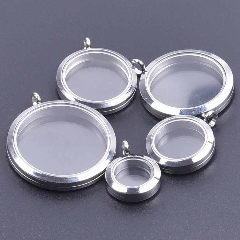 5Pcs 20-40mm Stainless Steel Glass Memory Cremation Urn Locket Pendant Openable Round Reliquary Photo Medaillon Colgantes
