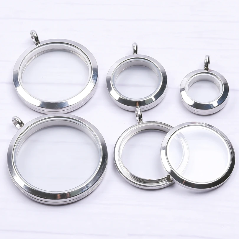 5Pcs 20-40mm Stainless Steel Glass Memory Cremation Urn Locket Pendant Openable Round Reliquary Photo Medaillon Colgantes