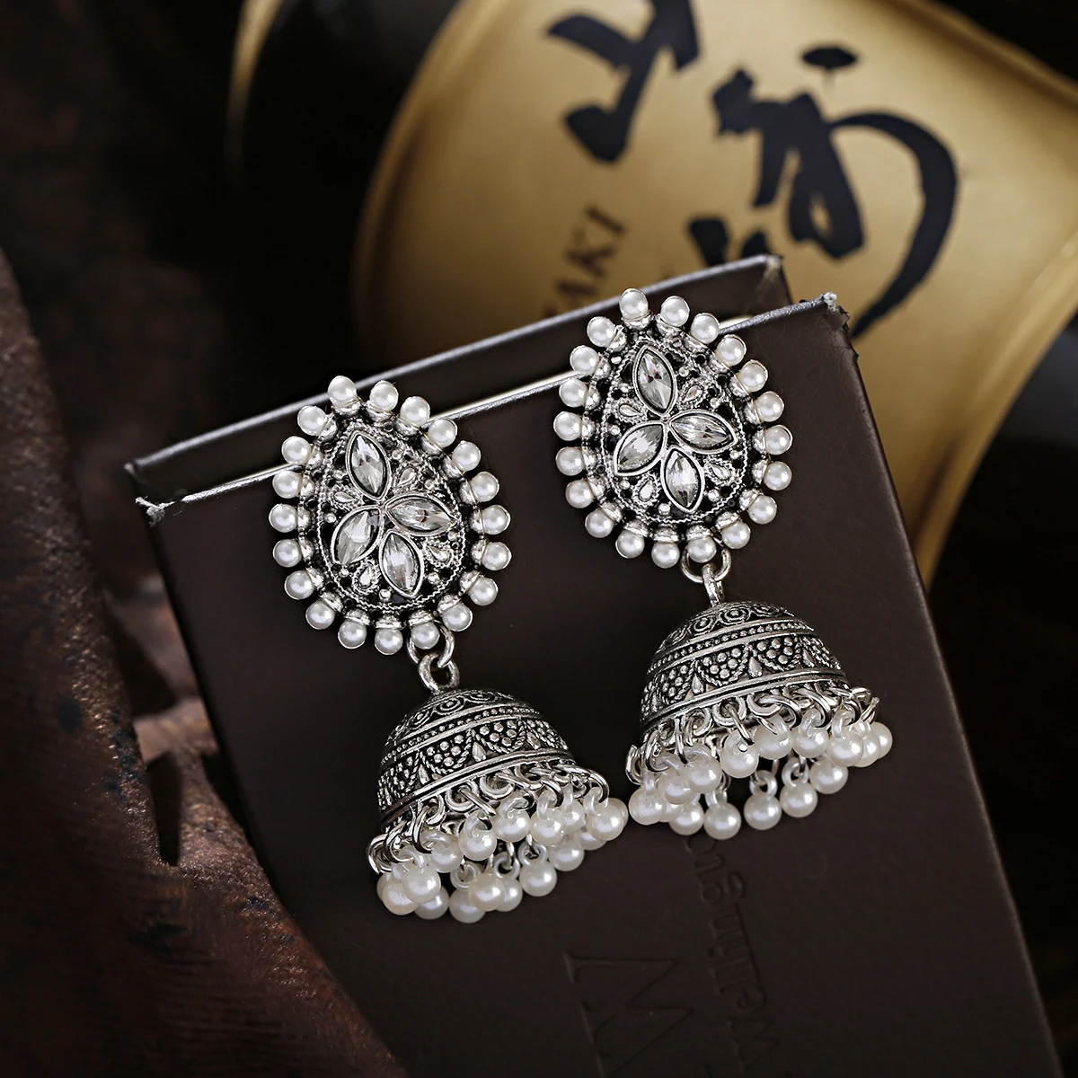 Retro Ethnic Silver Color Turkish Jhumka Earrings For Women Pendientes Pearl Tassel Classic Carved Indian Earrings Jewelry