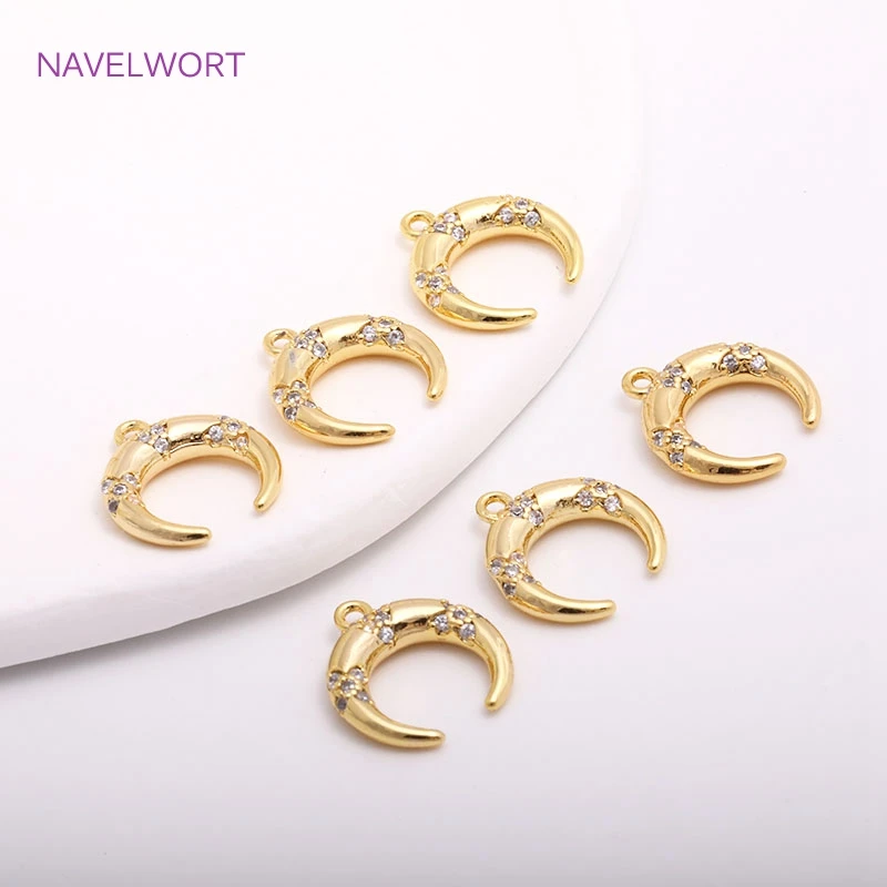 2022 Trendy 14K Gold Plating Inverted Crescent Moon Charm Brass Metal Inlaid Zircon C Shape Pendants For Earring Making Findings