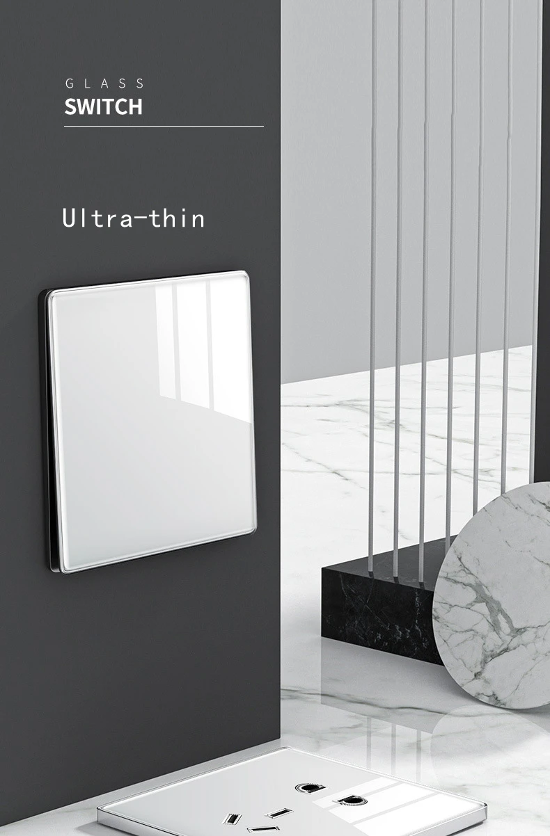 Popular Ultrathin Curved Surface 250V/10A 1/2/3/4gang 86*86MM Classic White Mirror Tempered Glass Panel Wall Switch Series