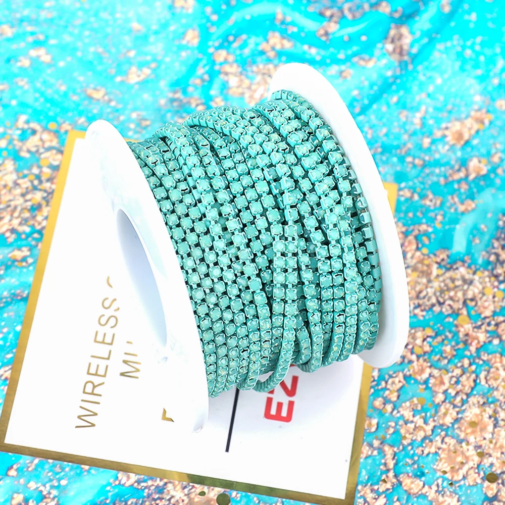 SS6 2mm 1 Yard Pink /Green/Blue Opal Glass Rhinestone Cup Chain Glitter Crystal Rhinestone Trim For DIY Wedding Dress Decoration
