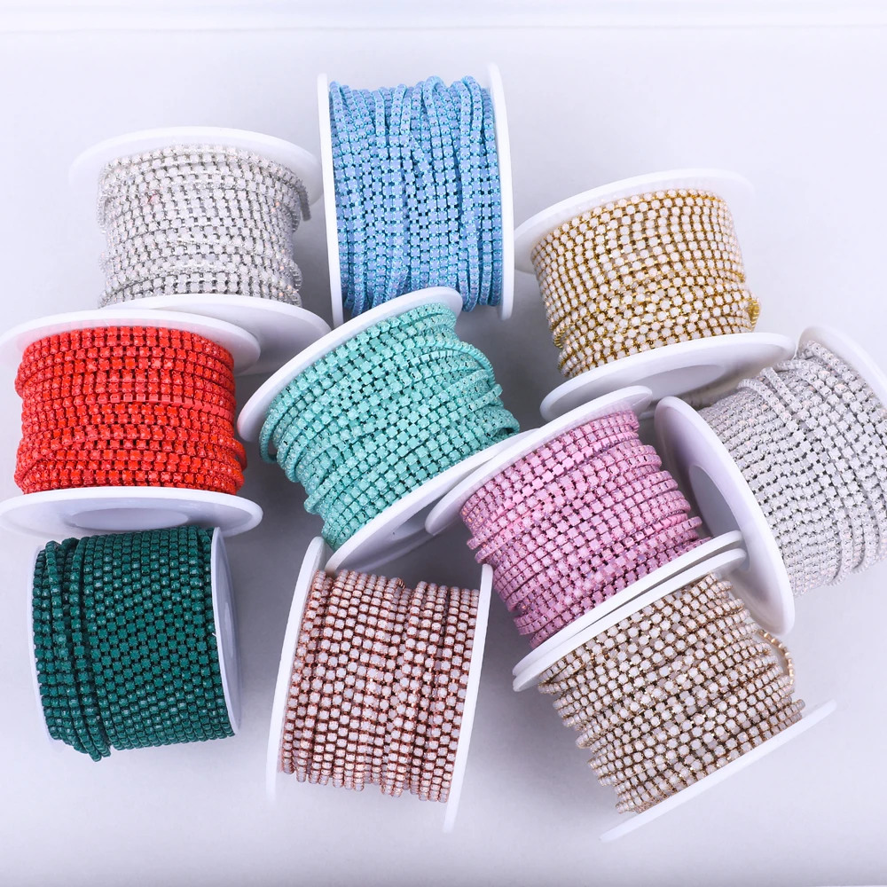 SS6 2mm 1 Yard Pink /Green/Blue Opal Glass Rhinestone Cup Chain Glitter Crystal Rhinestone Trim For DIY Wedding Dress Decoration