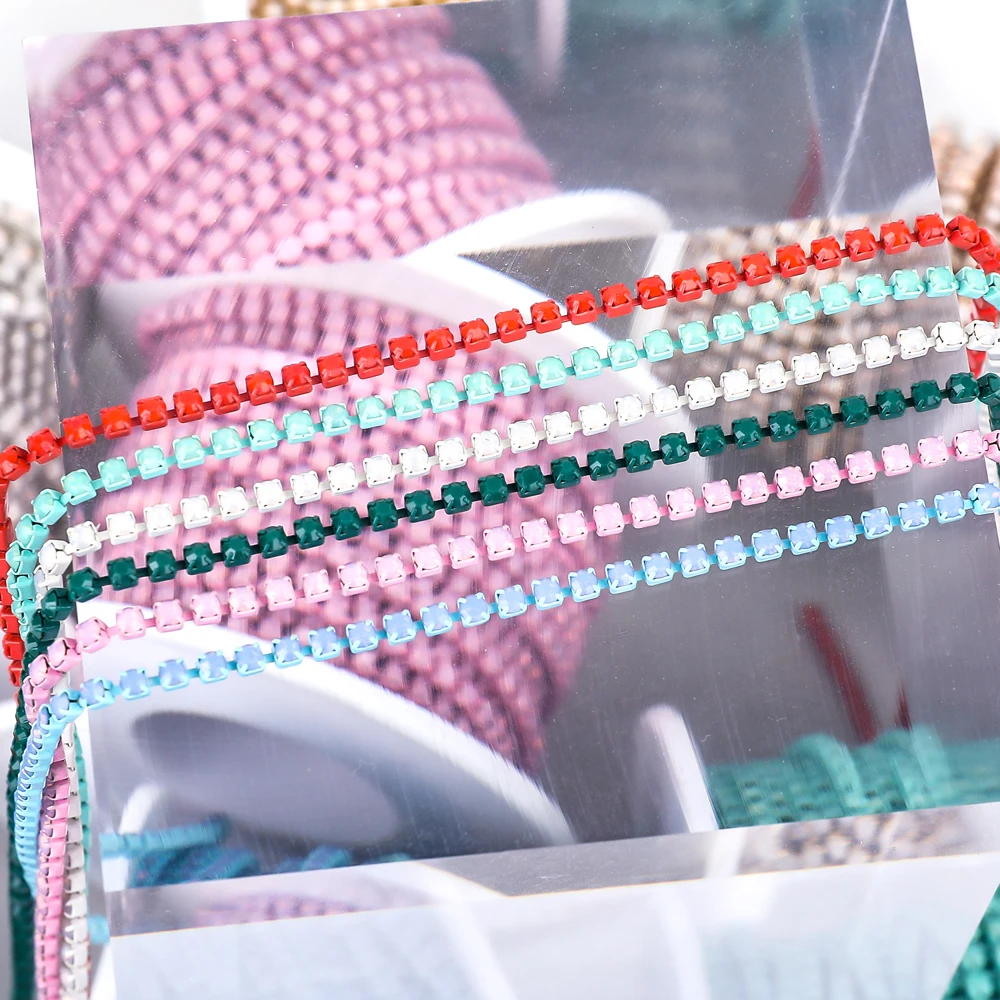 SS6 2mm 1 Yard Pink /Green/Blue Opal Glass Rhinestone Cup Chain Glitter Crystal Rhinestone Trim For DIY Wedding Dress Decoration