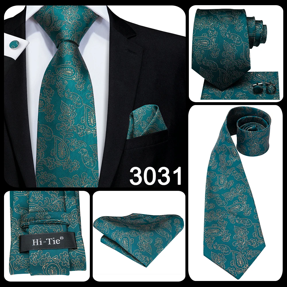 Teal Green Striped Luxury Designer Wedding Tie For Men Handky Cufflink Mens Necktie Fashion Business Party silk Dropship Hi-Tie
