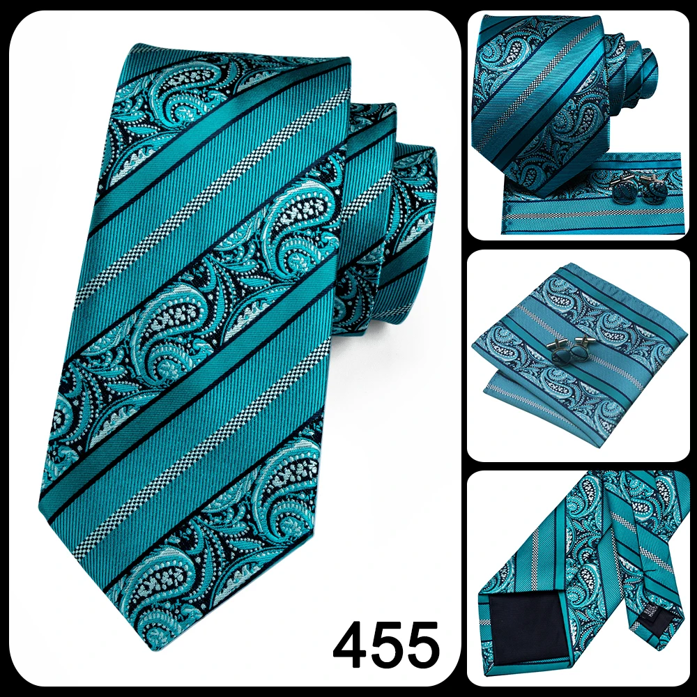 Teal Green Striped Luxury Designer Wedding Tie For Men Handky Cufflink Mens Necktie Fashion Business Party silk Dropship Hi-Tie