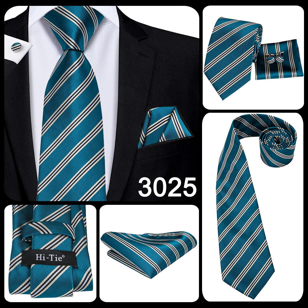 Teal Green Striped Luxury Designer Wedding Tie For Men Handky Cufflink Mens Necktie Fashion Business Party silk Dropship Hi-Tie