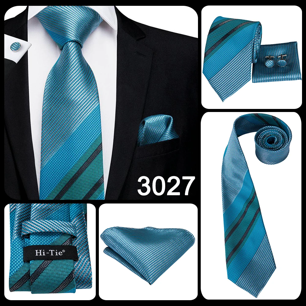 Teal Green Striped Luxury Designer Wedding Tie For Men Handky Cufflink Mens Necktie Fashion Business Party silk Dropship Hi-Tie