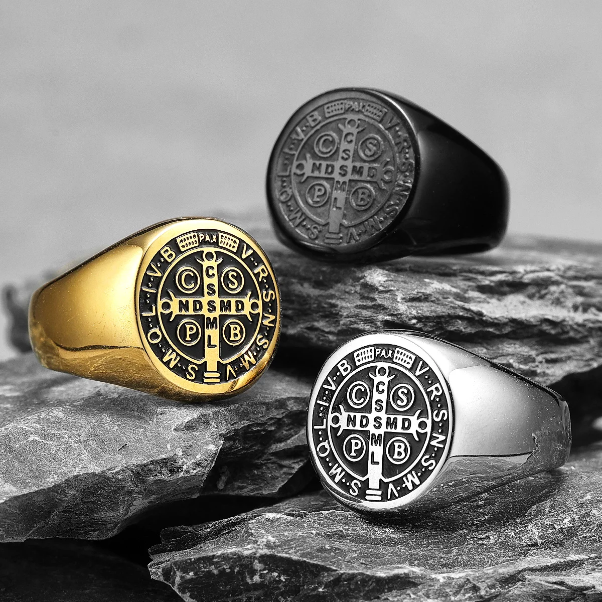 Exorcism amulet Men Ring 316L Stainless Steel Saint Benedict Rings CSPB Punk Hip Hop for Male Boyfriend Jewelry Creativity Gift
