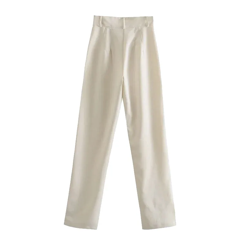 Women Chic Fashion Office Wear Straight Pants Vintage High Waist Zipper Fly Female Trousers Mujer