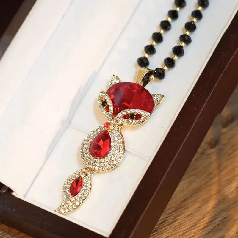 Luxury Big Crystal Rhinestone Fox Pendant Necklace for Women 2026 Fashion Long Sweater Chain Choker Collar Accesorios Mujer