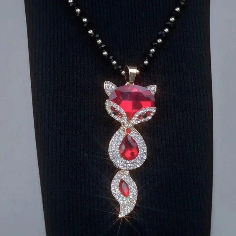 Luxury Big Crystal Rhinestone Fox Pendant Necklace for Women 2026 Fashion Long Sweater Chain Choker Collar Accesorios Mujer