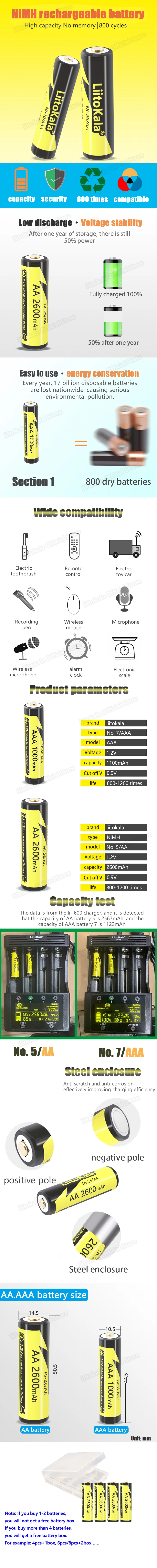 4Pcs LiitoKala 1.2V AA 2600mAh AAA 1000mAh Ni-MH Rechargeable battery for Temperature gun remote control mouse toy batteries