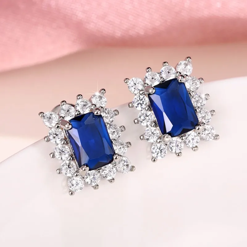 Huitan Exquisite Rectangular Blue CZ Stud Earrings for Women Elegant Bride Wedding Ear Accessories Silver Color Fashion Jewelry