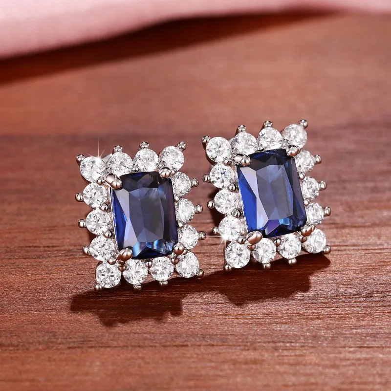 Huitan Exquisite Rectangular Blue CZ Stud Earrings for Women Elegant Bride Wedding Ear Accessories Silver Color Fashion Jewelry