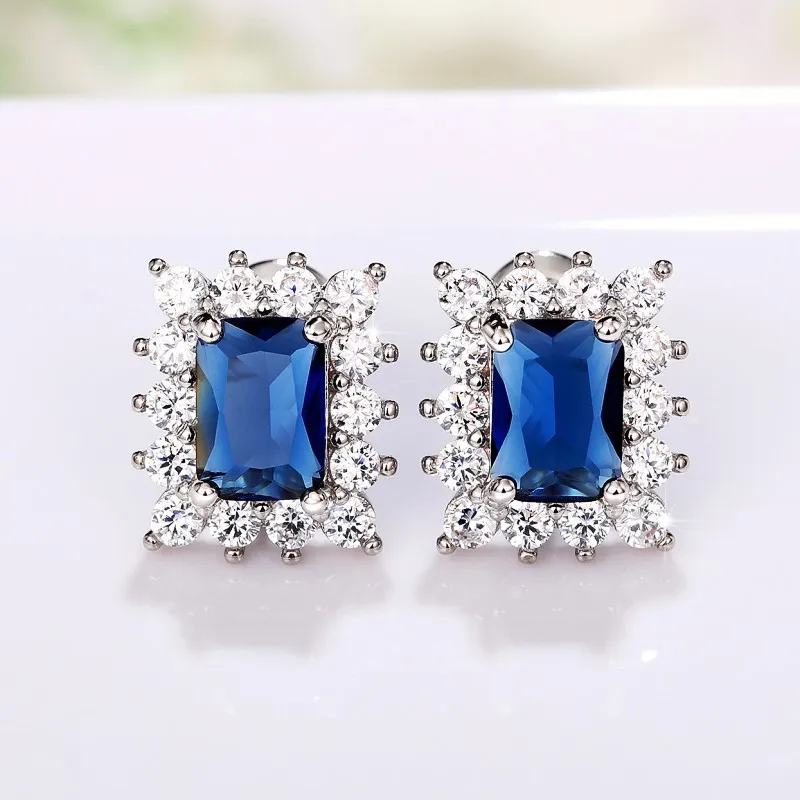 Huitan Exquisite Rectangular Blue CZ Stud Earrings for Women Elegant Bride Wedding Ear Accessories Silver Color Fashion Jewelry