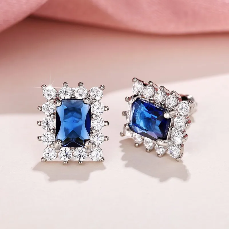 Huitan Exquisite Rectangular Blue CZ Stud Earrings for Women Elegant Bride Wedding Ear Accessories Silver Color Fashion Jewelry