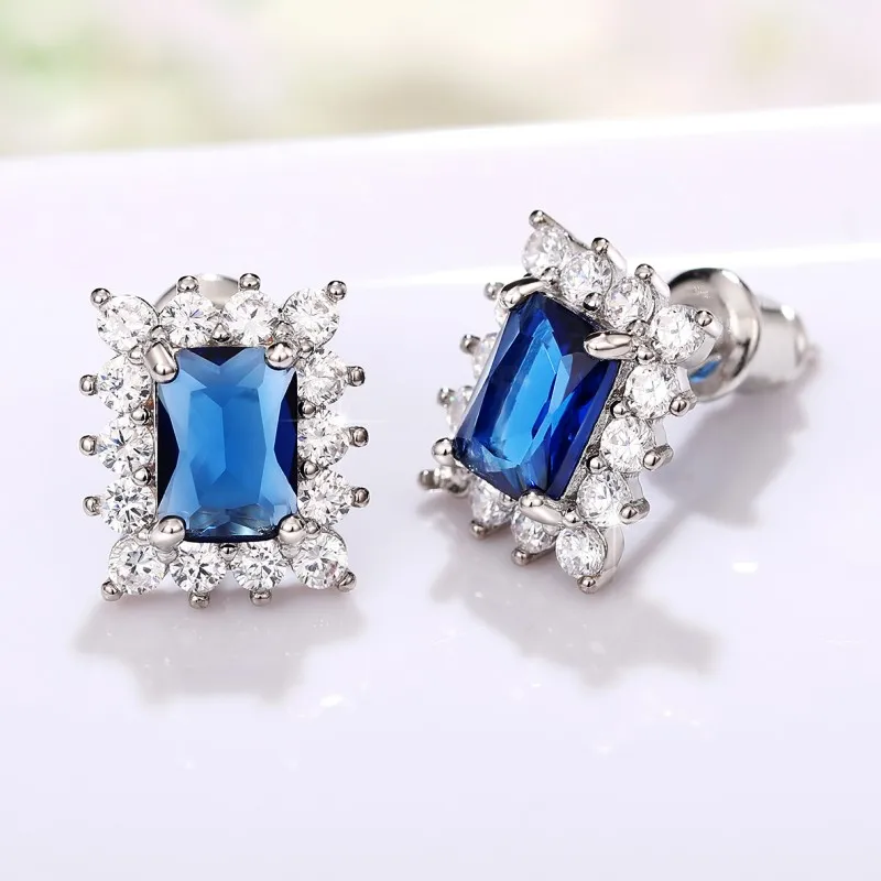 Huitan Exquisite Rectangular Blue CZ Stud Earrings for Women Elegant Bride Wedding Ear Accessories Silver Color Fashion Jewelry