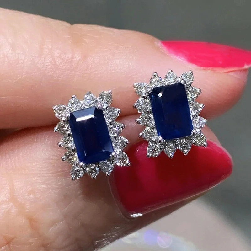 Huitan Exquisite Rectangular Blue CZ Stud Earrings for Women Elegant Bride Wedding Ear Accessories Silver Color Fashion Jewelry