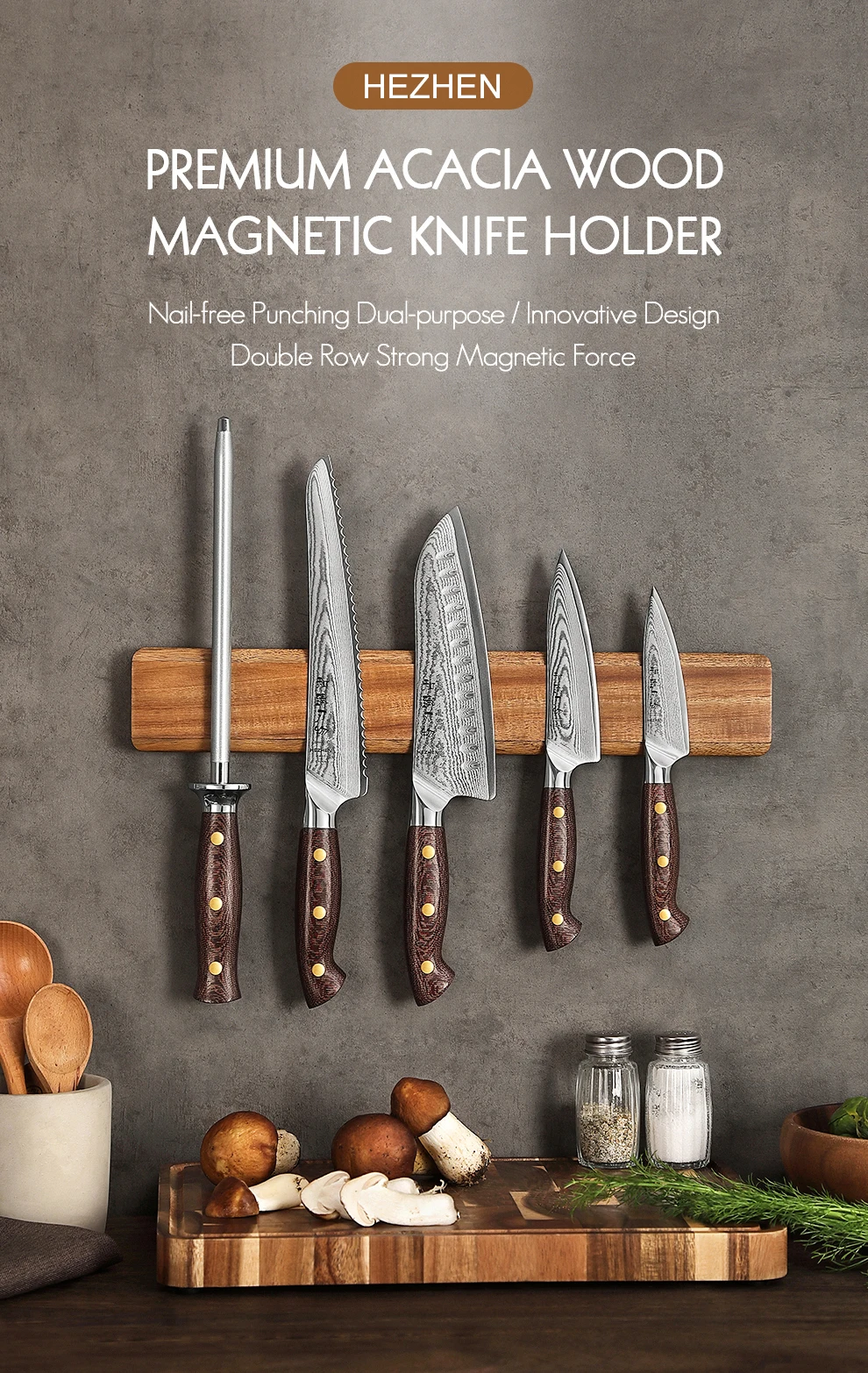 Hezhen Magnetic Knife Holder 400mm Kitchen Accessories Wooden Knives Storage Tools Acacia Wood This Is A Holder Without Knife