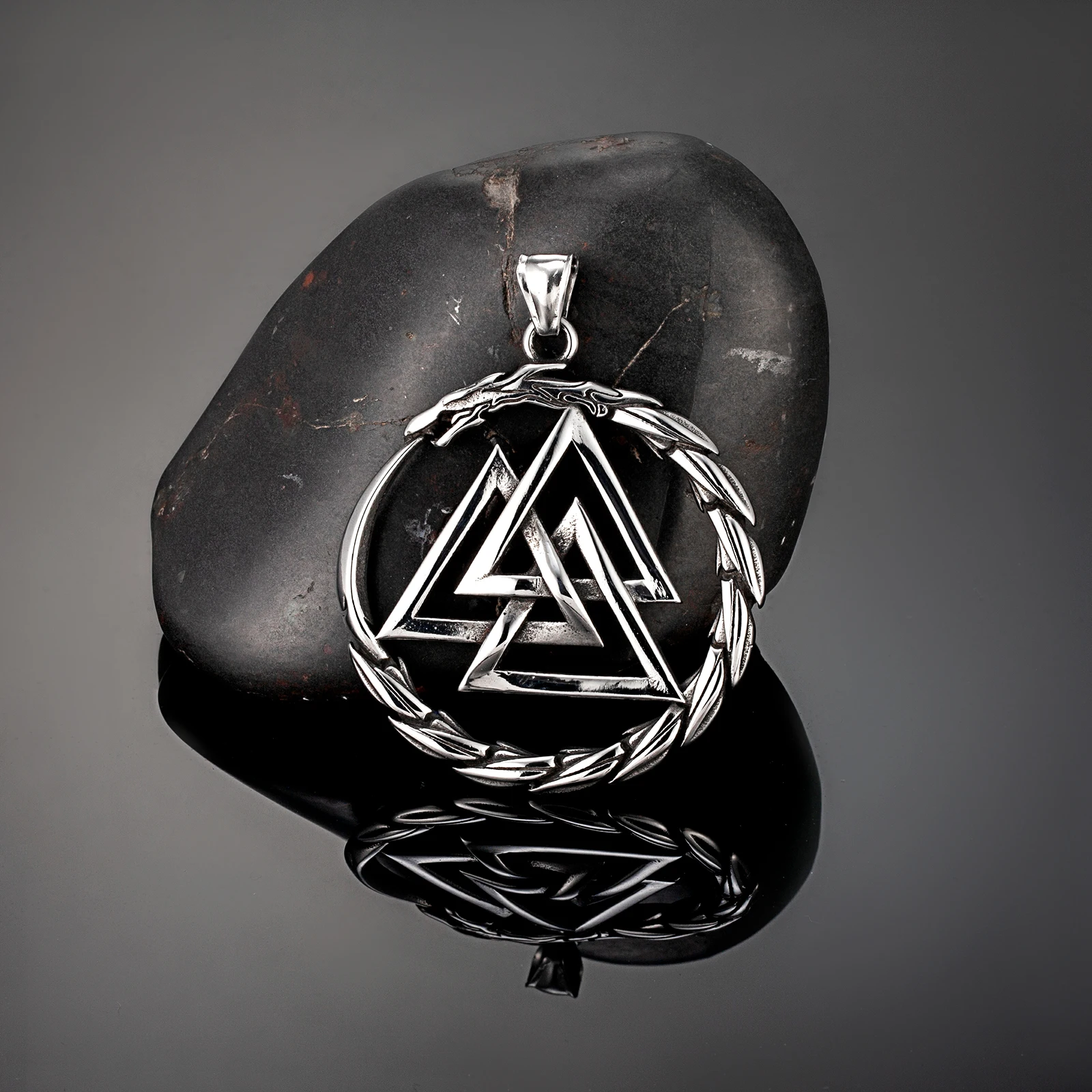 Punk Vikings Dragon Stainless Steel Necklace Mens Nordic Runes Pendant Triangle Vegvisir Amulet Scandinavian Ouroboros Jewelry