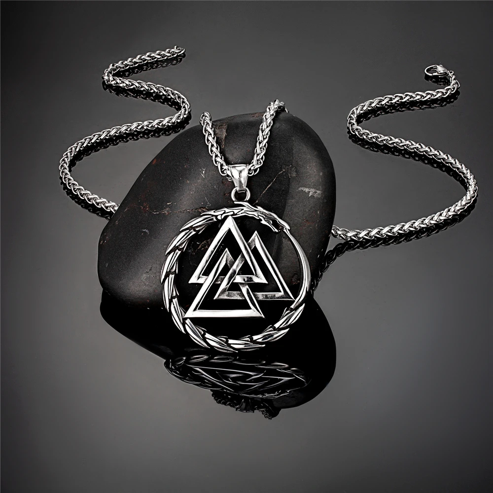 Punk Vikings Dragon Stainless Steel Necklace Mens Nordic Runes Pendant Triangle Vegvisir Amulet Scandinavian Ouroboros Jewelry